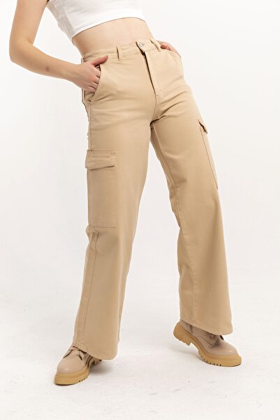 Trn JNS Γυναικείο τζιν με ψηλόμεσο μπεζ χρώμα Cargo Pocket