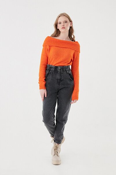 MAKRAS EXCLUSIVE A167107 High Waist Lycra Gathered Anthracite Mom Jeanfrango Belted Denim Pants
