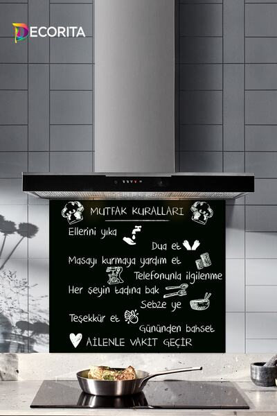 Decorita Cam Ocak Arkası Koruyucu | Siyah Mutfak Kuralları | 52cm X 60cm