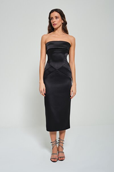 TARA COŞKUNTUNCEL Siyah Straplez Saten Midi Elbise