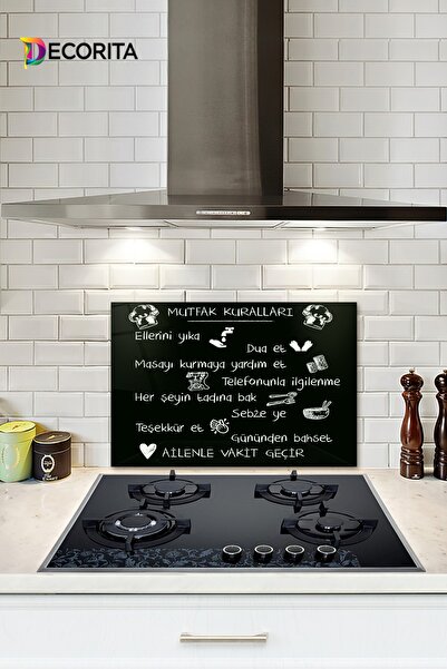 Decorita Cam Ocak Arkası Koruyucu | Siyah Fon - Renkli Mutfak Kuralları | 40c...