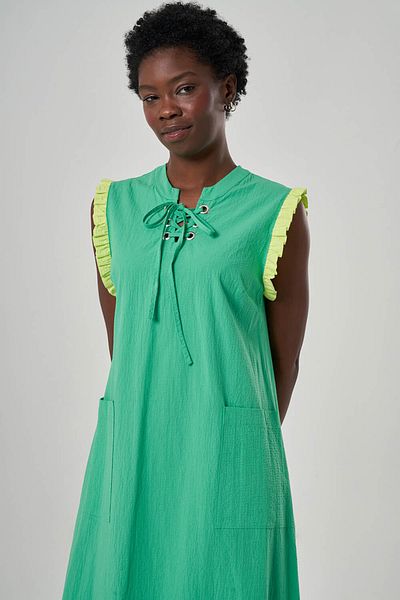 Mizalle Green Dress with Color Block Placket