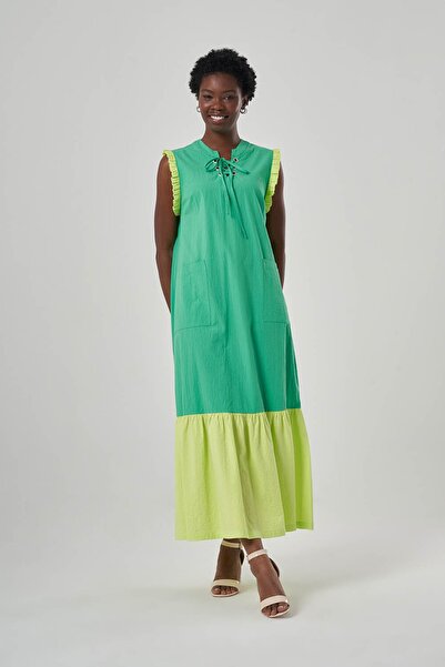 Mizalle Green Dress with Color Block Placket