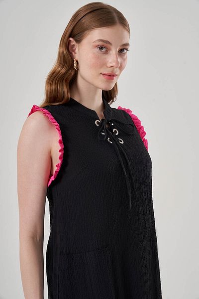 Mizalle Black Dress with Color Block Placket