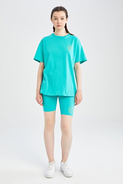 DeFacto Fit Oversize Tričko Fit s krátkým rukávem a výstřihem ze 100% bavlny