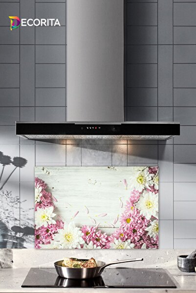 Decorita Cam Ocak Arkası Koruyucu | Pembe Kasımpatı | 40cm X 60cm