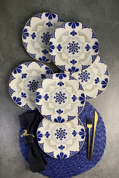 porselenden Bluer Matte Gold Gilded 21 Cm Cake Plate Set for 6 Persons