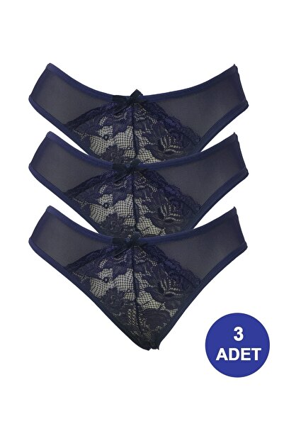 Komten Chiloți transparenti din dantelă bleumarin pentru femei, pachet de 3