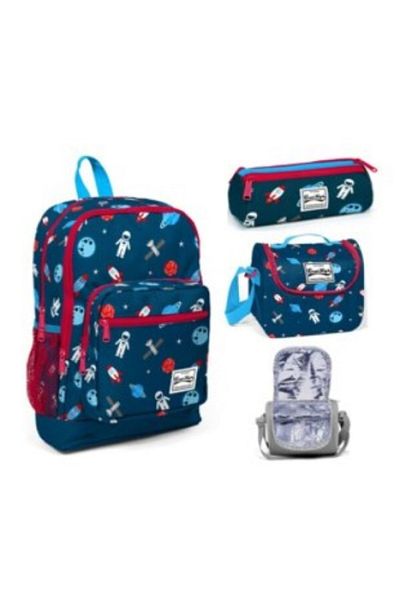 Coral High Set cu model spațial Geantă pentru școală primară - Nutriție cu termos - Set de 3 pungi pentru creion