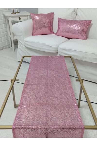 Körfez Kırlent 3mm Pul Payetli Ince Pullu Kumaş Kırlent Kılıfı Runner Set