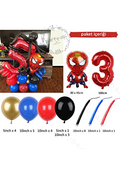 PARTİAVM Spiderman Örümcekadam Balon Karşılama Seti ( 1-9 Yaş Kırmızı Rakam B...
