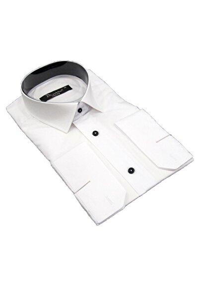 Dicotto White Slim Fit Solid Color Long Sleeve Men's Shirt with Black Inside ...