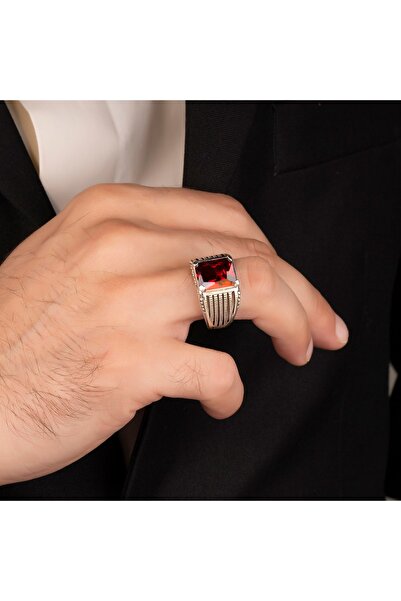 Argento Silver Kırmızı Zirkon Oktegon Kesim 925 Ayar Gümüş Yüzük