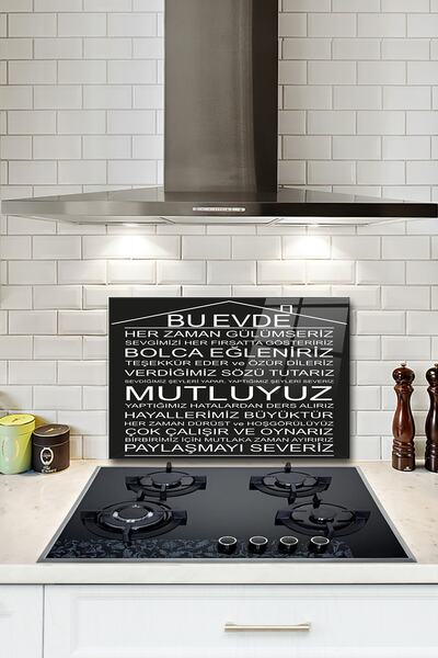 Decorita Cam Ocak Arkası Koruyucu | Bu Ev - Siyah Fon | 40cm X 60cm