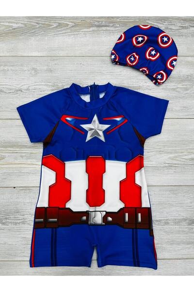 pistyle Boy's Captain America Red Blue Full Vacud Swimsuit and Bone, Pack of 2