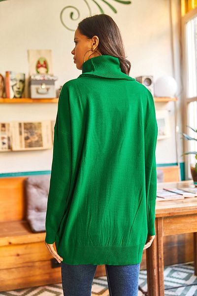 Olalook Σμαραγδένια Πράσινη Πλεκτή Μπλούζα Oversize - Γιακάς και Κρυφές Τσέπες BLZ- 19002109