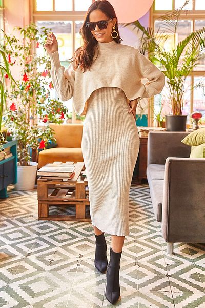 Olalook Damen Strickwaren-Set mit Oberteil und kurzem Pullover sowie Trägerkleid in Steinoptik TKM-19000176