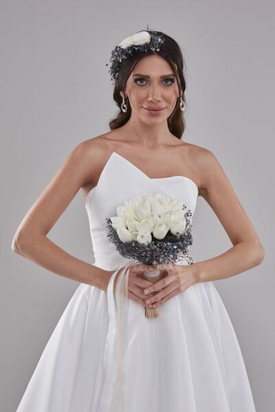 Aker Hediyelik Lacivert Cipsolu Beyaz Islak Lale Gelin El Buketi