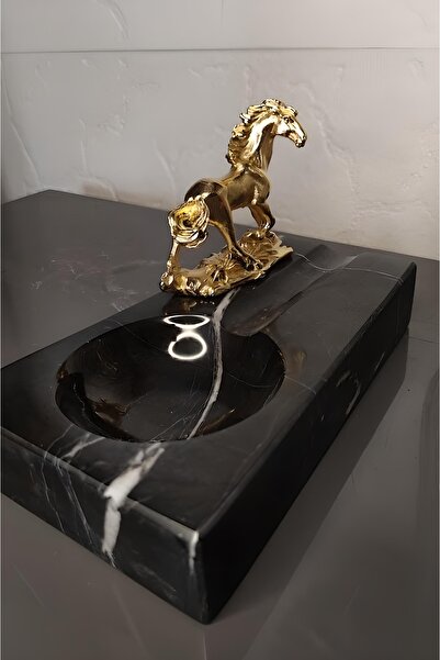 ASKAYA MERMER Pirinç Gold Yürüyen At Detaylı Doğal Siyah Mermer Puro Küllük