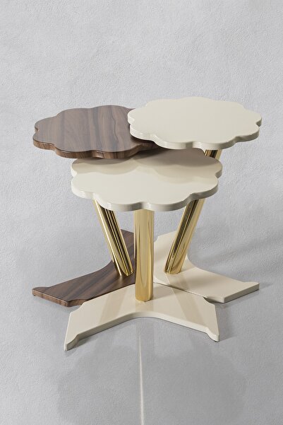 Veys Sehpa 3 Lü Gold Papatya Zigon Sehpa - Krem - Ceviz