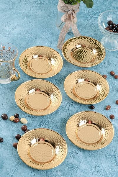 06 KAYRA STORE 6-Piece Gold Metallic Look Mica Tea Plate Forged Gold Plate