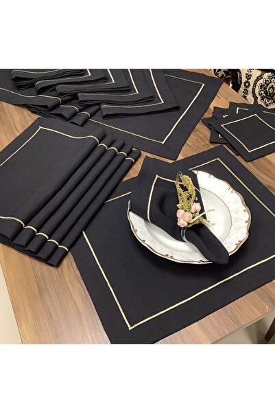 OYA home Gold Dikişli Siyah Zeminli Amerikan Servis (6)&peçete(6)&kahve Peçet...