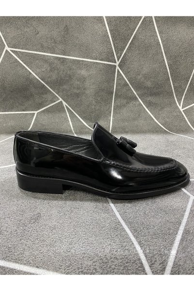 NYZ Black Patent Leather Tasseled Inner and Outer Genuine Leather Classic Shoes