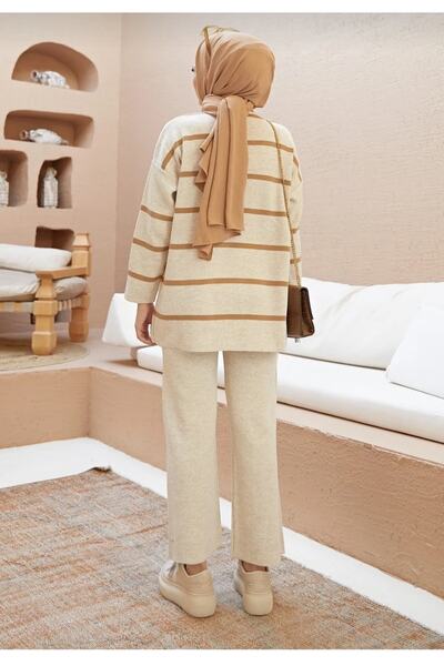 She Olive Σετ Πλεκτομηχανικής Κατασκευής Ριγέ Χιτζάμπ ψηλός λαιμός