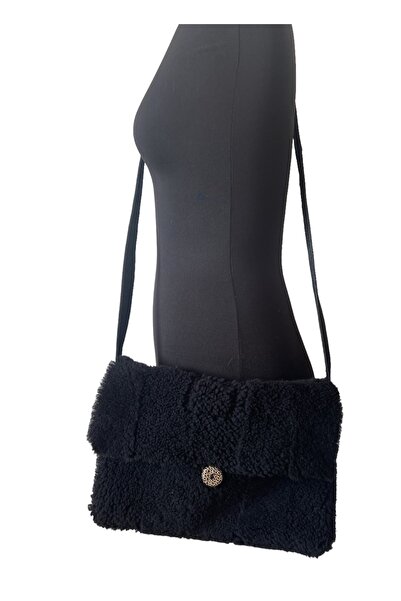 asus deri حقيبة كروس سوداء من فرو الحمل الأصلي