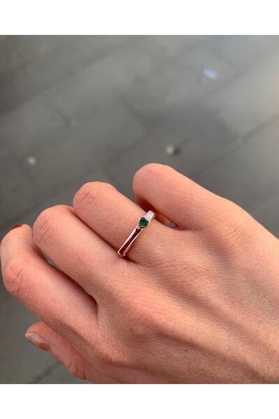 pien Kare Formlu Kalp Atom Taşlı Rose Gold Gümüş Yüzük