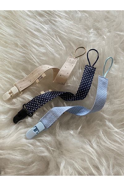 GOER STORE 3-Piece Polka Dot Blue Cotton Fabric Baby Boy Pacifier Strap Set
