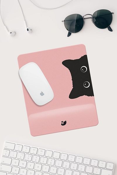 BaskıBazar Rectangular Mouse Pad with Pink Cat Drawing Wrist Support