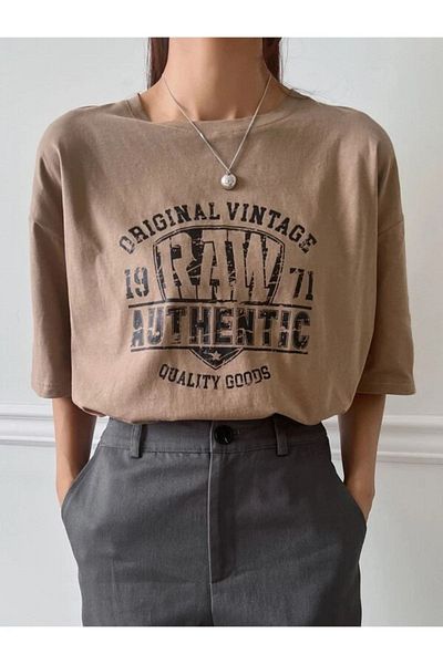 Black Sokak Γυναικείο ανοιχτό καφέ αυθεντικό Vintage Raw printed Oversize Tshirt Crew Neck