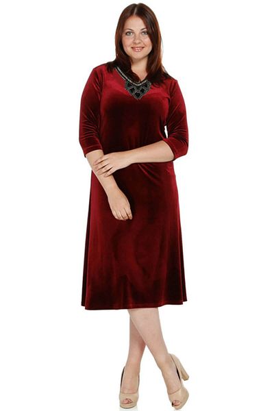 Nidya Moda Women's Burgundy Flower Collar Velvet Evening Dress 4075B