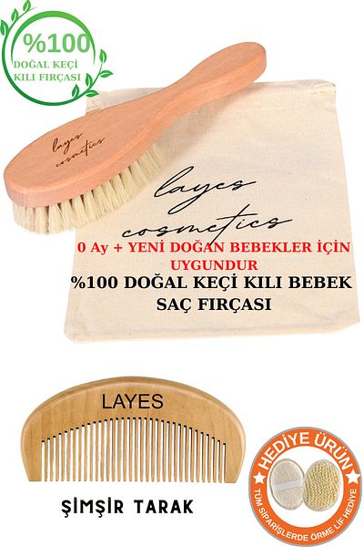 Layes 100% Goat Hair Natural Baby Hair Brush and Natural Wooden Comb Set of 2 Mini Size