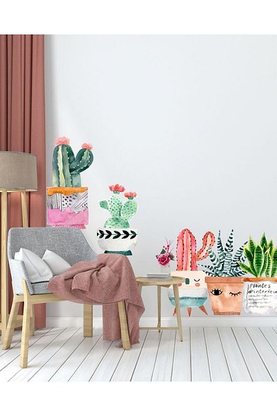 Piksel Grafik Autocolant de perete decorativ cu cactusi în ghiveci