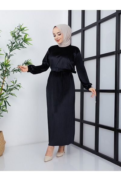 MÇmoda Γυναικείο φόρεμα εποχικής ζώνης με πλισέ βελούδινο μακρυμάνικο λαιμό