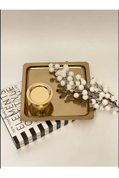 EFA HOME Gold Kare Tepsi Lokumluk Hediyeli Kahve Sunum Seti
