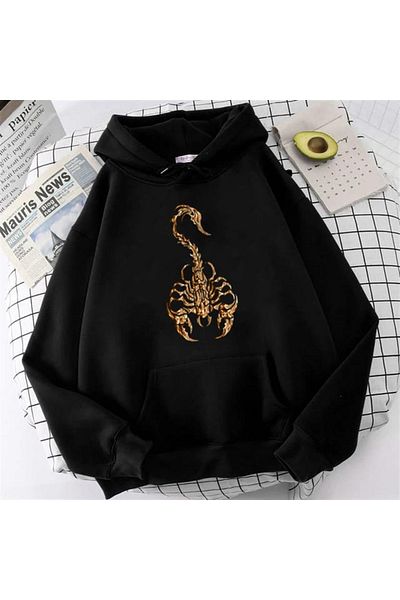 Touz Moda Dompuleri Fashion Skeleton Scorpion Μαύρο Unisex Φούτερ με κουκούλα Oversize Φούτερ με κουκούλα