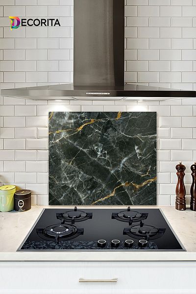 Decorita Protector de spate pentru aragaz din sticla |   Aspect de marmură neagră cu detaliu maro |   52 cm X 60 cm