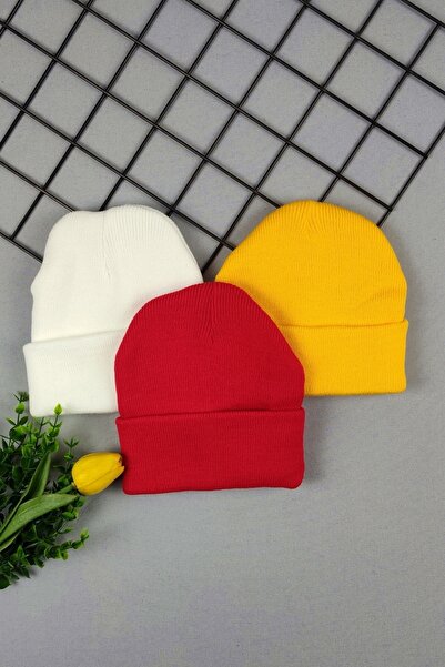 ADABEBEK قبعة تريكو مكونة من 3 قطع بلون سادة للأطفال من الجنسين