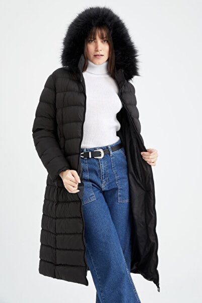 DeFacto Thermal Insulated Hooded Faux Fur Coat
