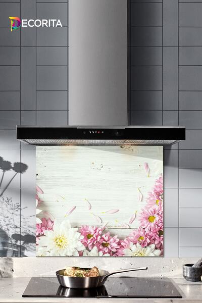 Decorita Cam Ocak Arkası Koruyucu | Pembe Kasımpatı | 52cm X 60cm