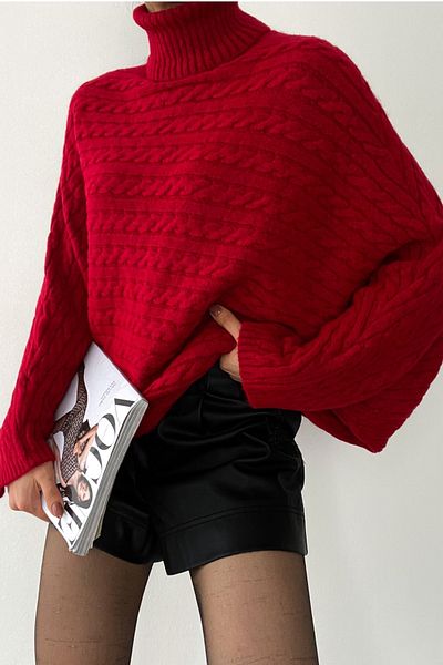FEMELLE Women's Red Turtleneck Sweater Bat Sleeve Sweater