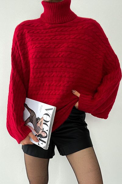 FEMELLE Women's Red Turtleneck Sweater Bat Sleeve Sweater