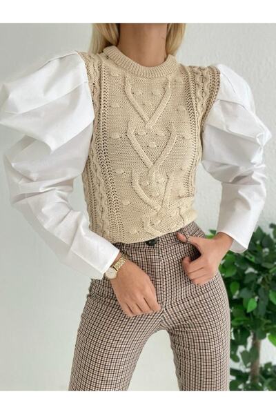 viem butik Kadın Balon Kol Poplin Bluz