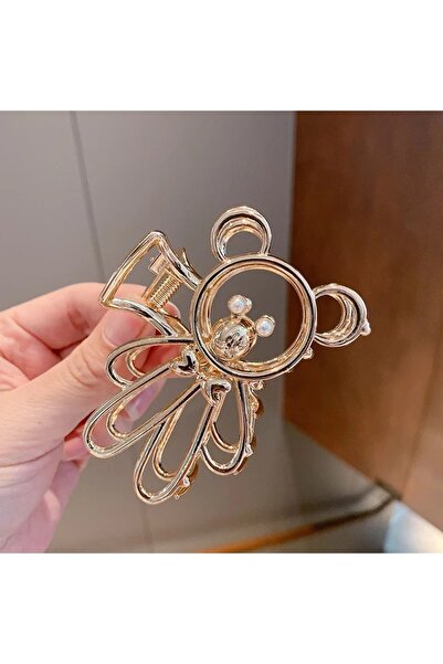 QUEEN AKSESUAR Trend Fashion Large Luxury Gold Metal Teddy Bear Women's Children's Clothespin Clip Buckle with Pearls and Stones