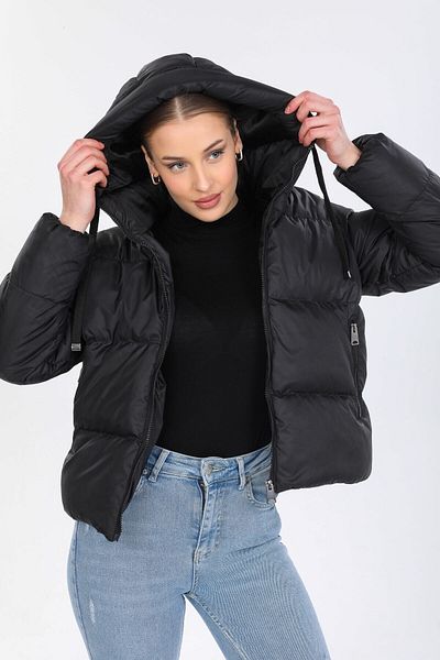 DYNAMO Women's Black Hooded Puffer Coat