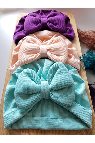 SeherBebeButik Kız Bebek & Çocuk Renkli Fiyonk Bone 3'lü Set