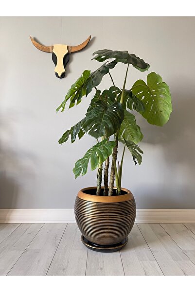 odka 40litre Küre Saksı Tabaklı 37cmx37cm Çizgili Siyah-gold Renk